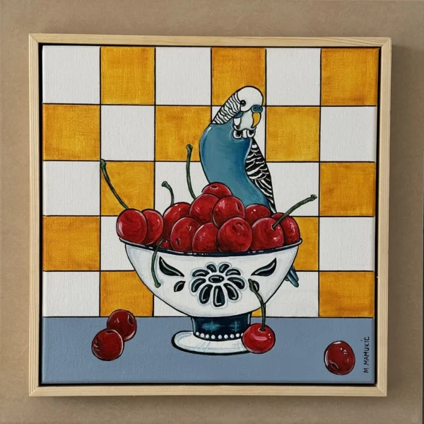 Budgie and Cherries - Original only, Framed in a timber floating frame.