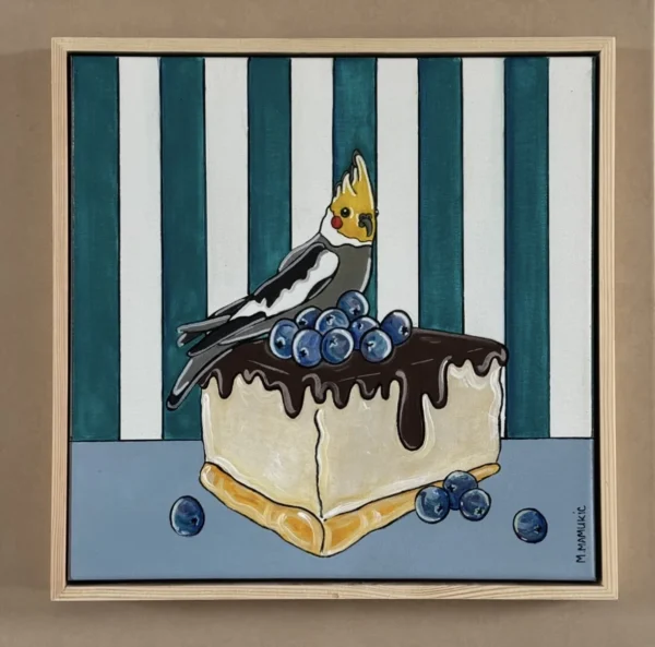 Cheesecake and Cockatiel - Original only, Framed in a timber floating frame.